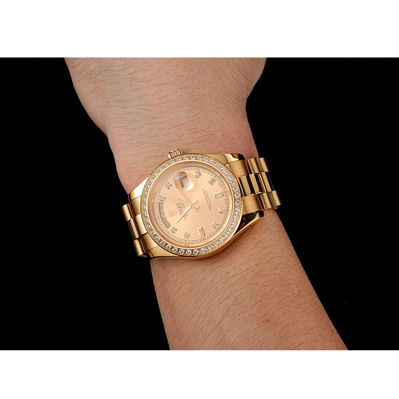 Aaa replica watch Diamond 1454099 Day-Date Rolex Dial Gold Swiss Bezel Bracelet Champagne 0614